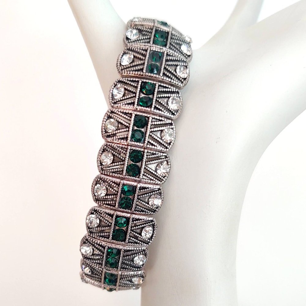Silver, green and clear crystal stretch bracelet